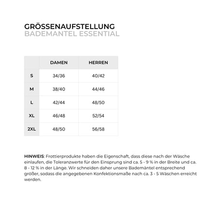 Größenaufstellung vom Bademantel Essential, versch. Größen erhältlich